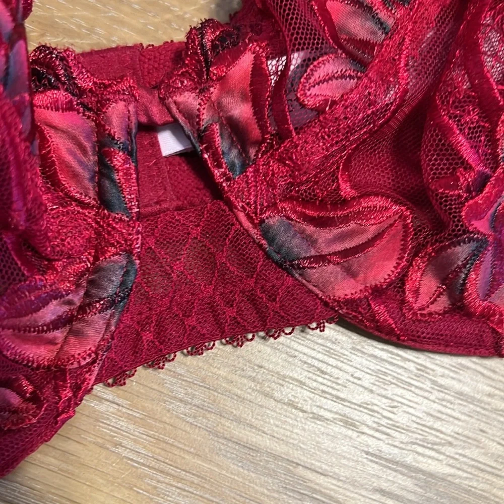 NWOT Victoria’s secret Embroidery low cut Elegant Red Floral Lace Bra size 34 D
